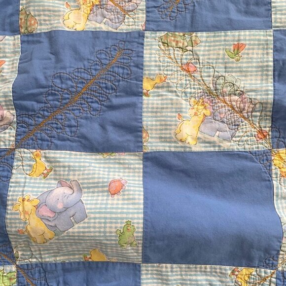 Vintage Baby Quilt Blanket Animals Blue Frog Turtle 53 1/2 x 51 Handmade Cover - Picture 3 of 14